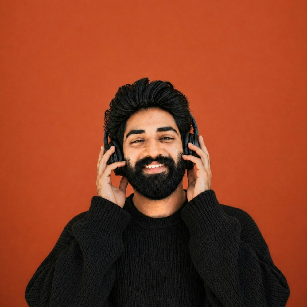 Man laughing on an orange backdrop
